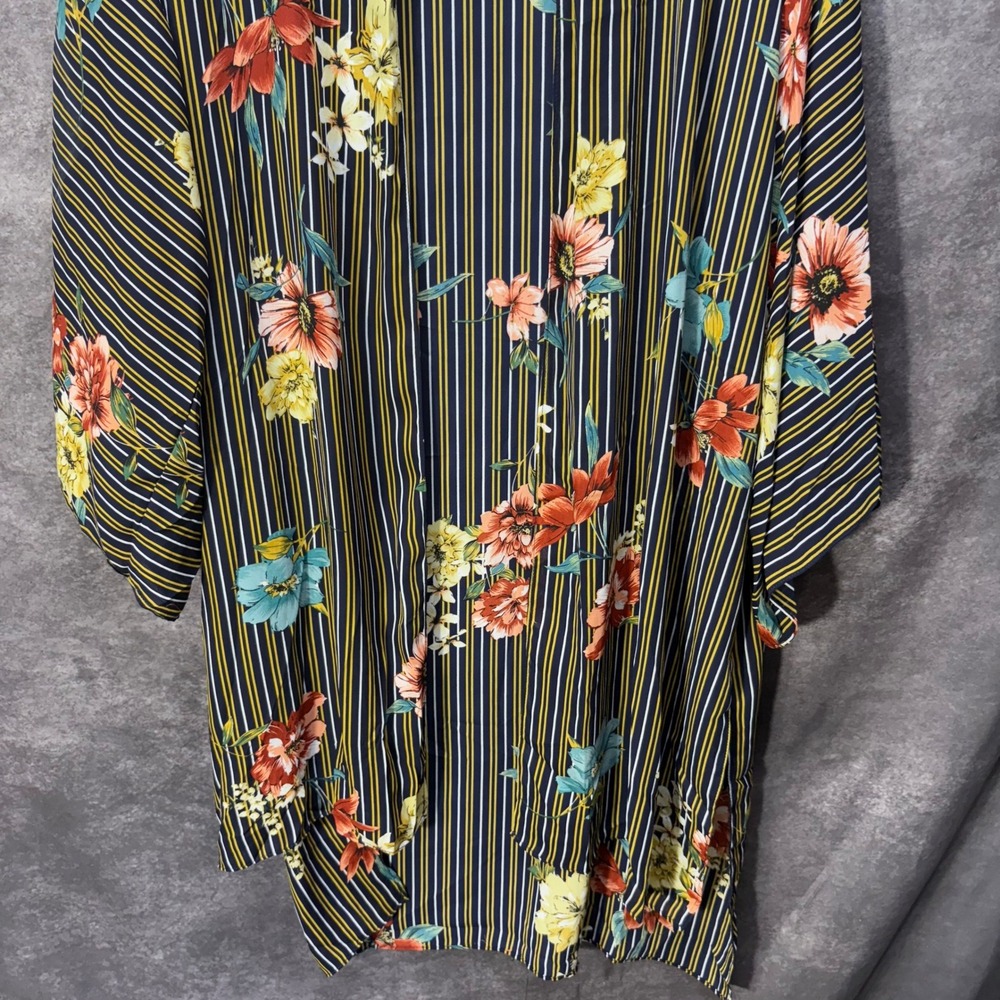 Umgee Floral Striped Kimono DusterSize M/L Navy Blue Open Front Sheer Boho NWT - Picture 3 of 11